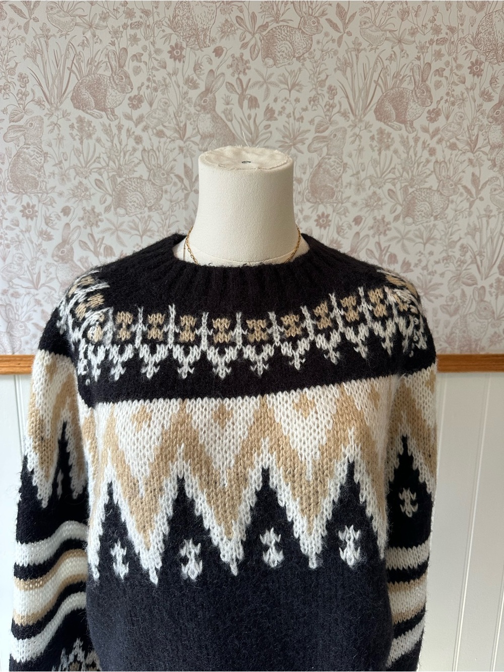 RD Style Black Cream Fair Isle Crewneck Sweater - Picture 3 of 8